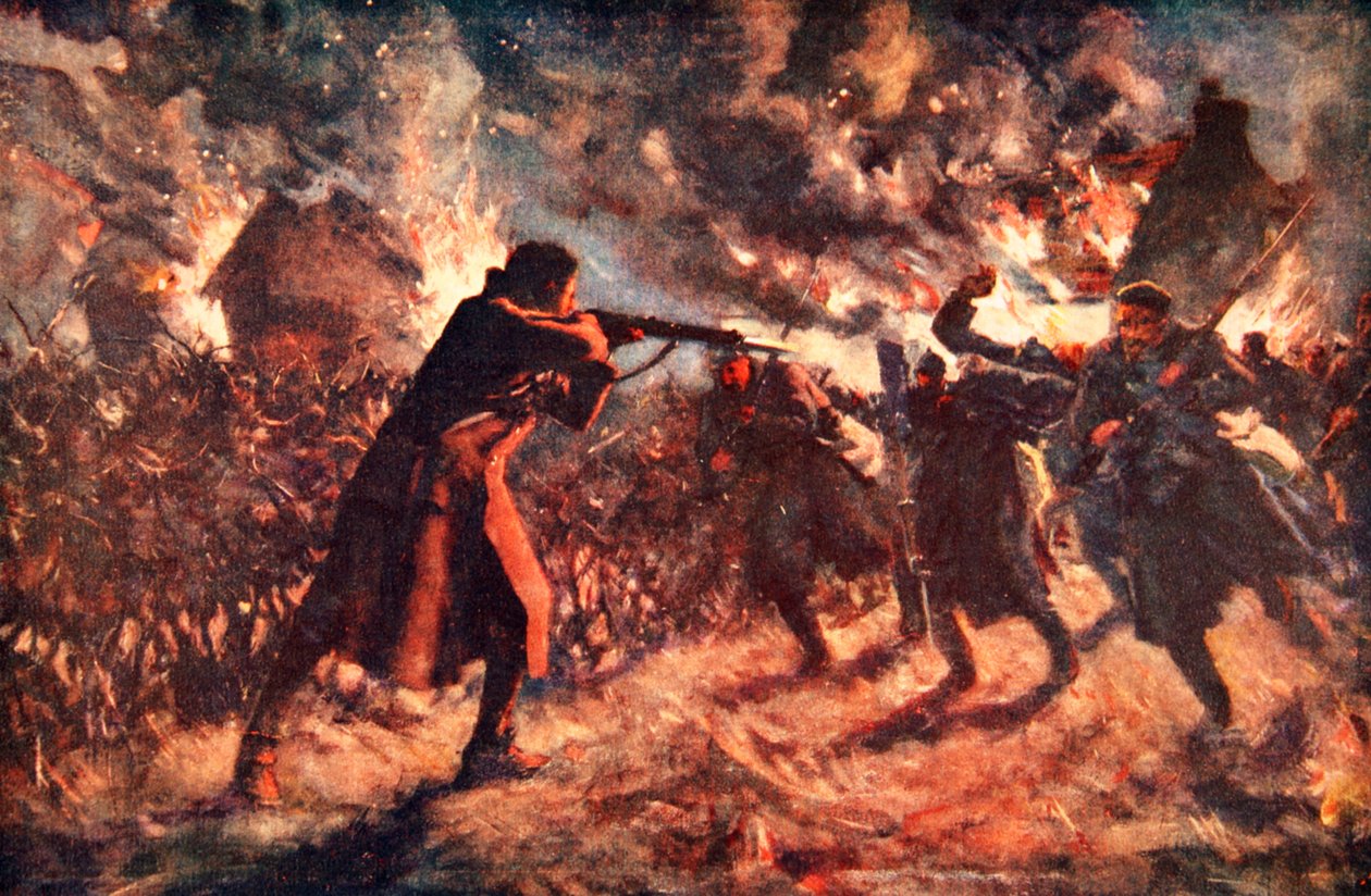 Menig Meston attackerade, på egen hand, flera av fienden som var på frammarsch, efter att ha erövrat en brittisk skyttegrav (färg litho) av Allan Stewart