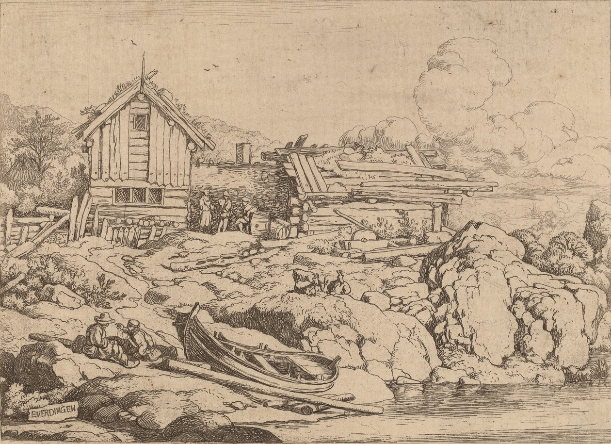 Båt vid en flodstrand med tre getter, förmodligen ca. 16451656. av Allart van Everdingen