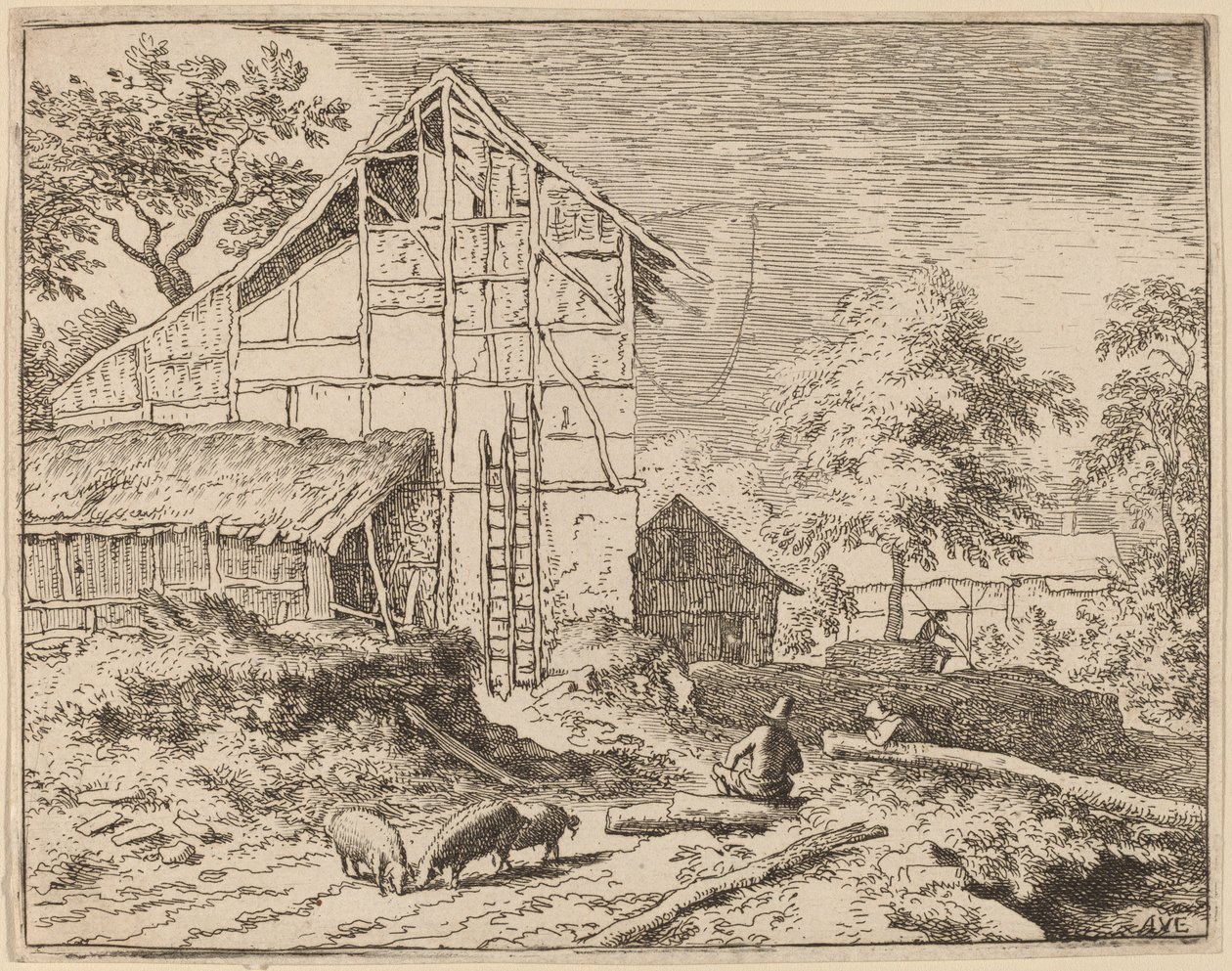 Stuga med två stegar, troligen ca. 16451656. av Allart van Everdingen