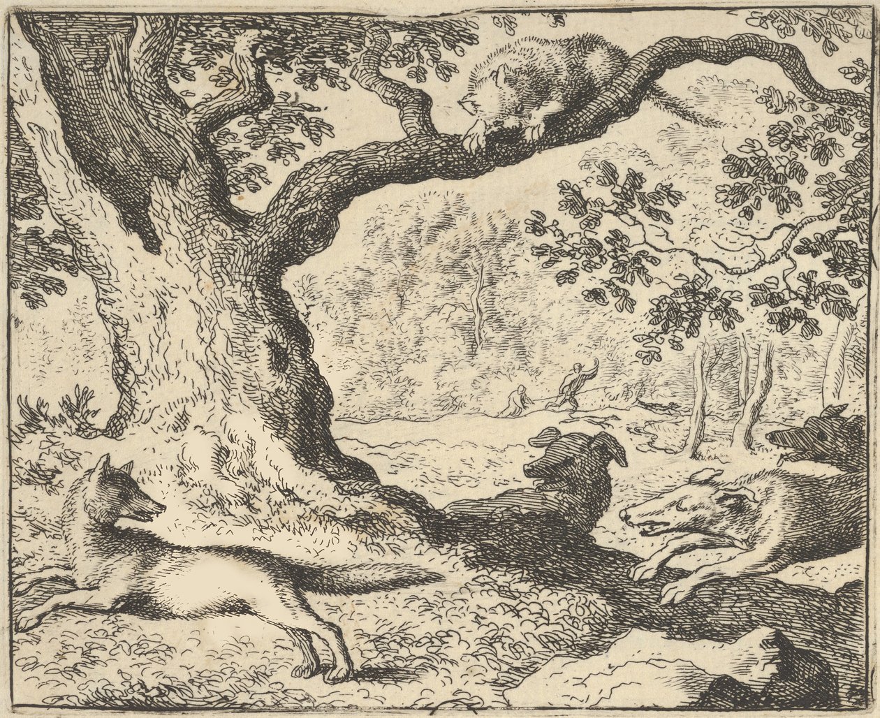 Efter Renards falska berättelse jagas hans far av jakthundar från Hendrick van ..., 1650-75. av Allart van Everdingen