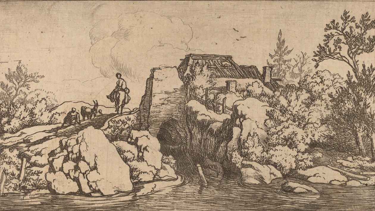 Ryttare på en stenbro, troligen ca. 16451656. av Allart van Everdingen
