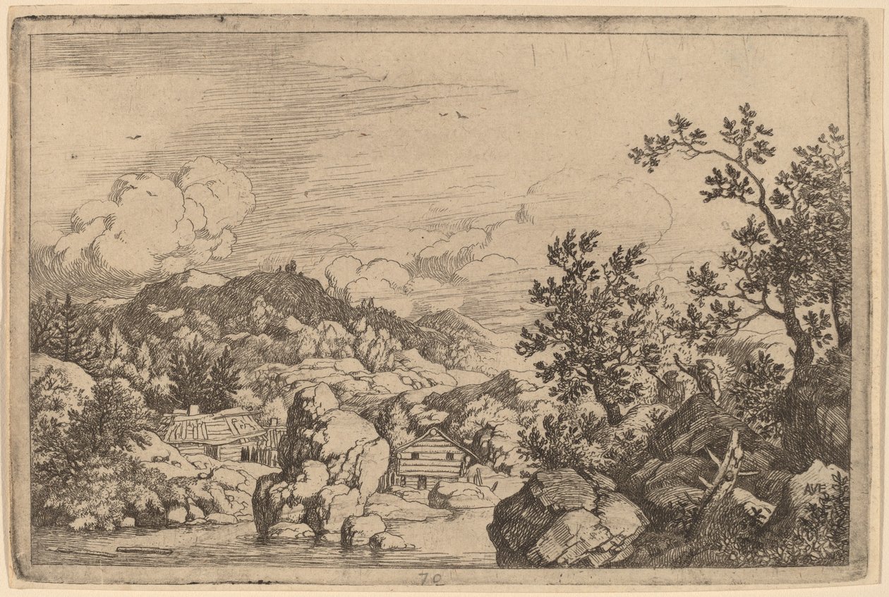 Stor sten som skjuter ut från en flod, troligen ca. 16451656. av Allart van Everdingen
