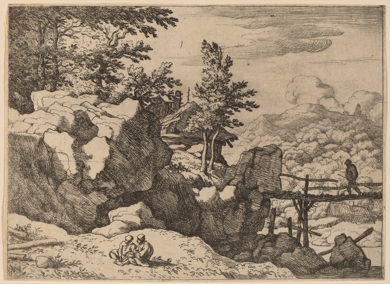 Man på en liten träbro, förmodligen ca. 16451656. av Allart van Everdingen