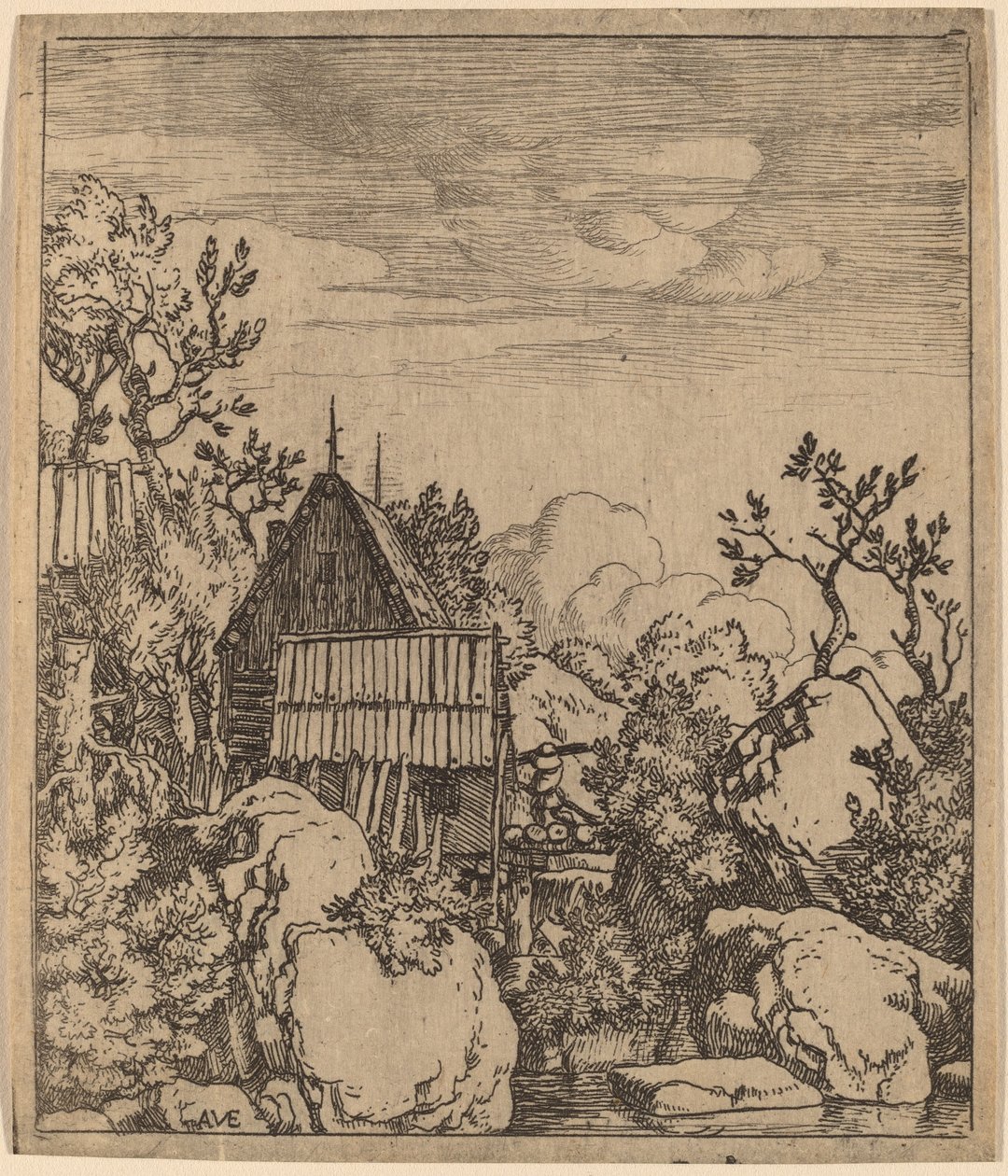 Man på en liten träbro, förmodligen ca. 16451656. av Allart van Everdingen