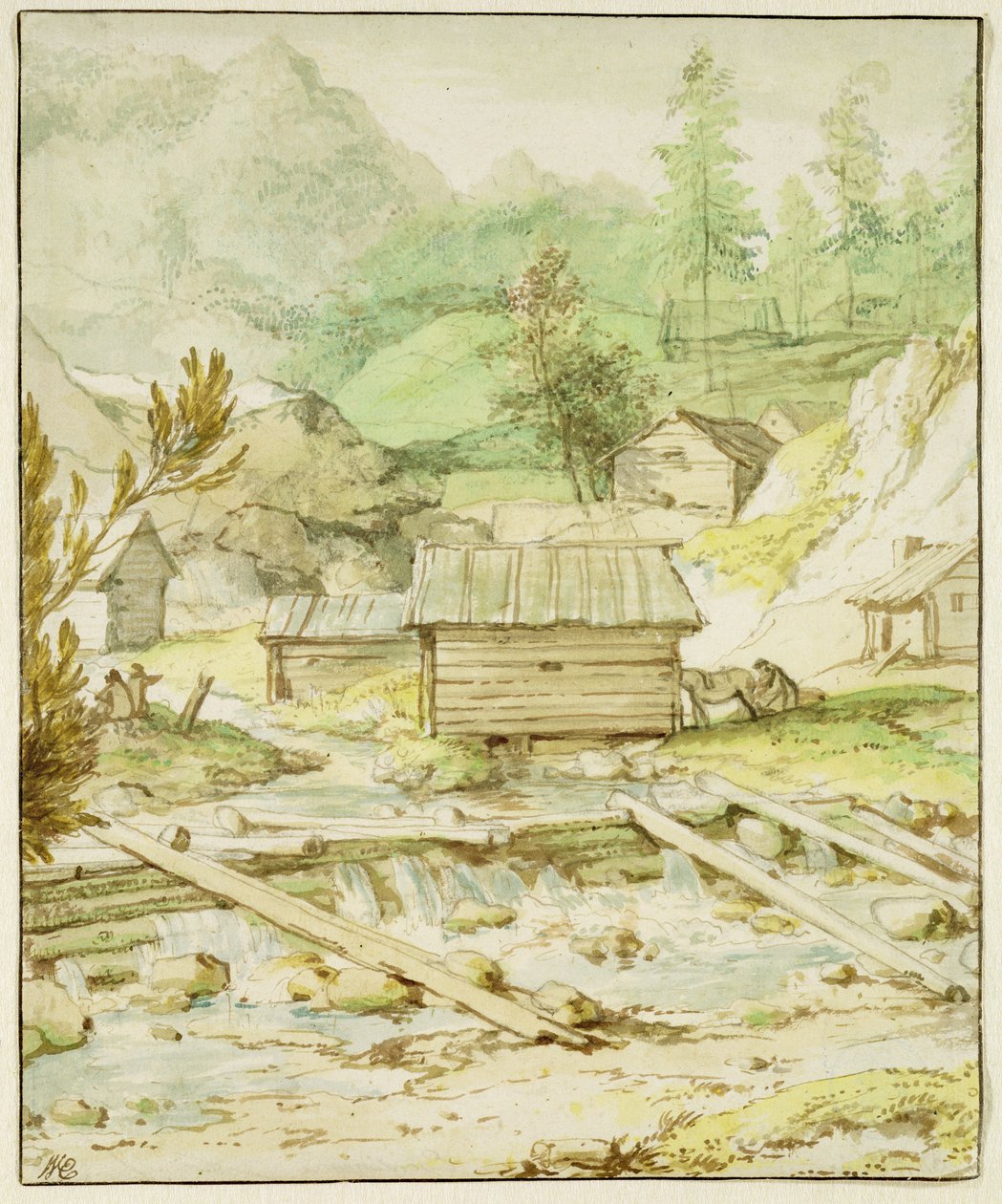 Nordiskt landskap med träkoja och dam (penna, pensel och wc på papper) av Allart van Everdingen