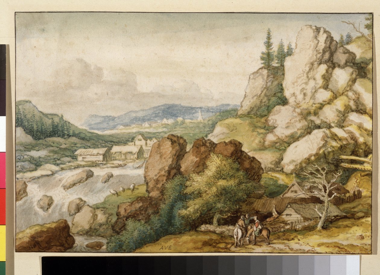 ""Landskap med tre ryttare"" (Landskap med tre ryttare) Akvarell av Allaert Pietersz van Everdingen (1621-1675) Pushkin-museet, Moskva av Allart van Everdingen