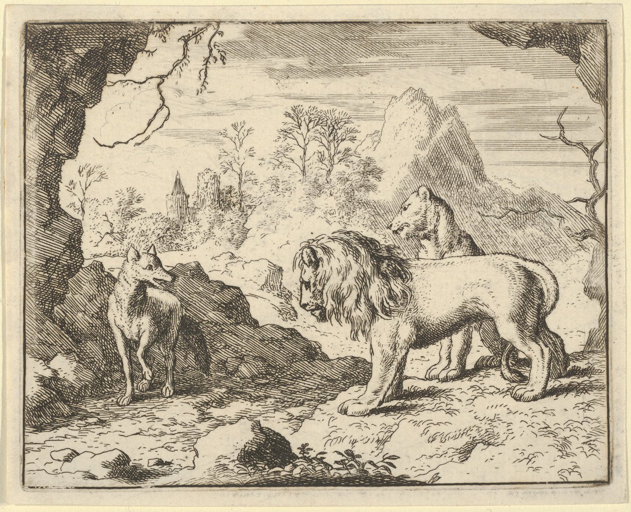Renard övertygar lejonet och lejoninnan om att hitta en skatt som hans far stal från dem ..., 1650-75. av Allart van Everdingen