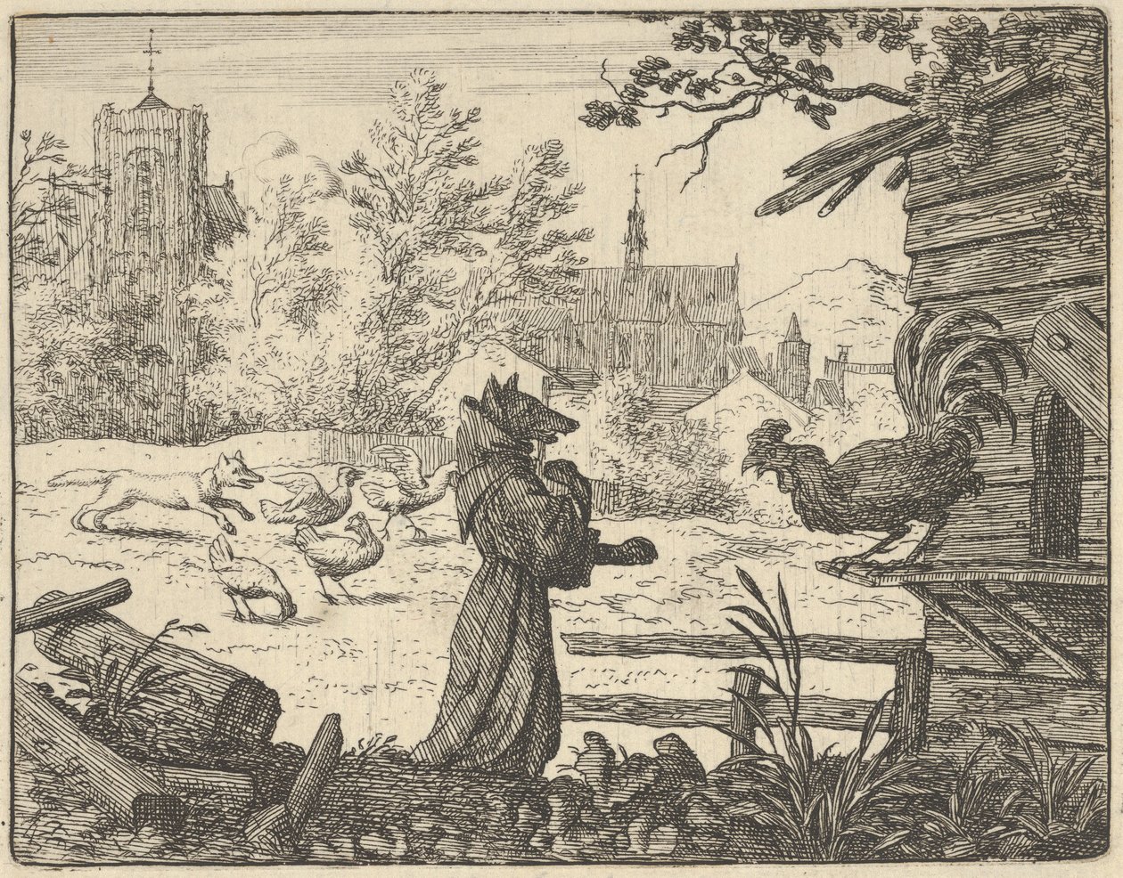 Renard, förklädd till en munk, vinner tuppens förtroende, 1650-75. av Allart van Everdingen