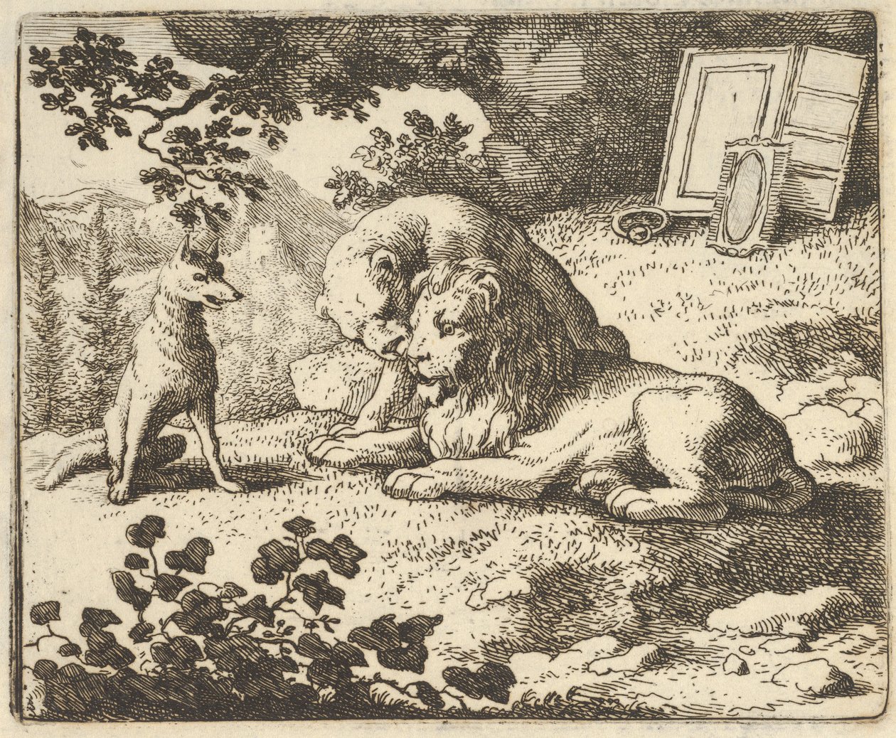 Renard ljuger att han gav RAM-ramen olika värdefulla föremål som var avsedda för lejonet ... 1650-75. av Allart van Everdingen