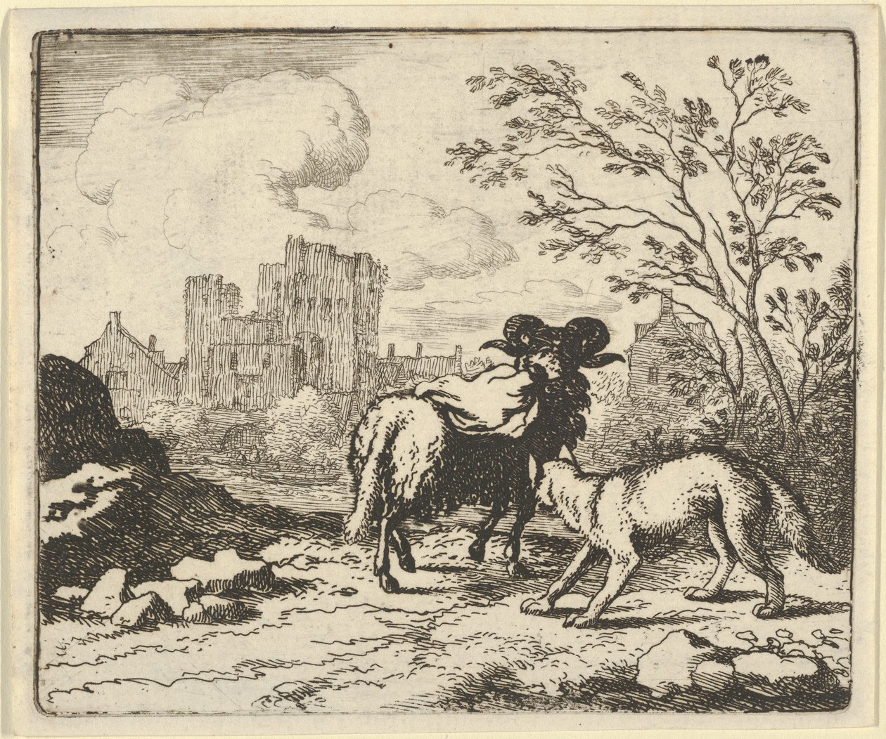 Renard skickar baggen tillbaka till lejonet med ett paket som innehåller kaninhuvudet, 1650-75. av Allart van Everdingen