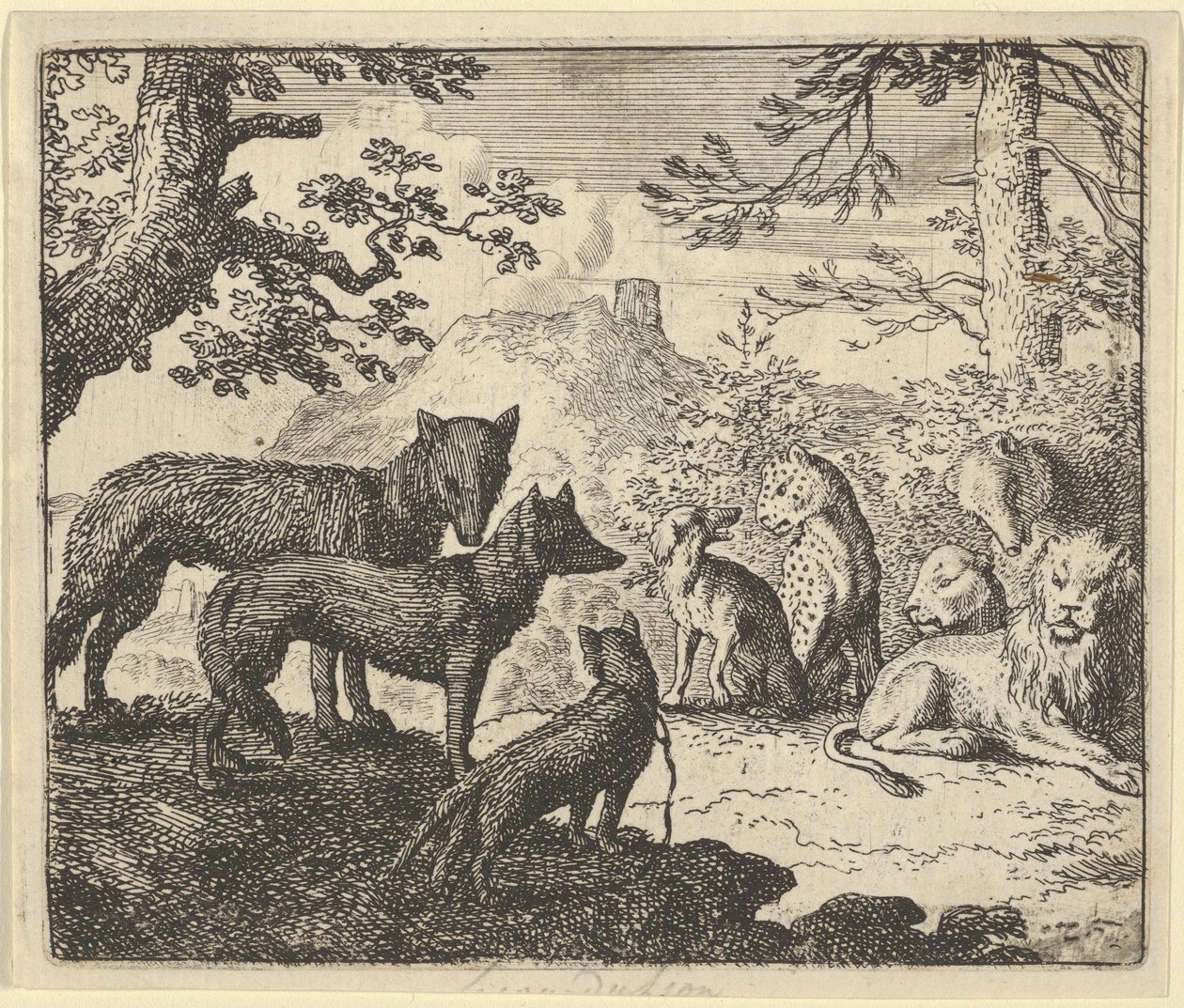 Renards föräldrar ber att få dra sig tillbaka från hovet, ur Hendrick van Alcmars "Renard räven" av Allart van Everdingen