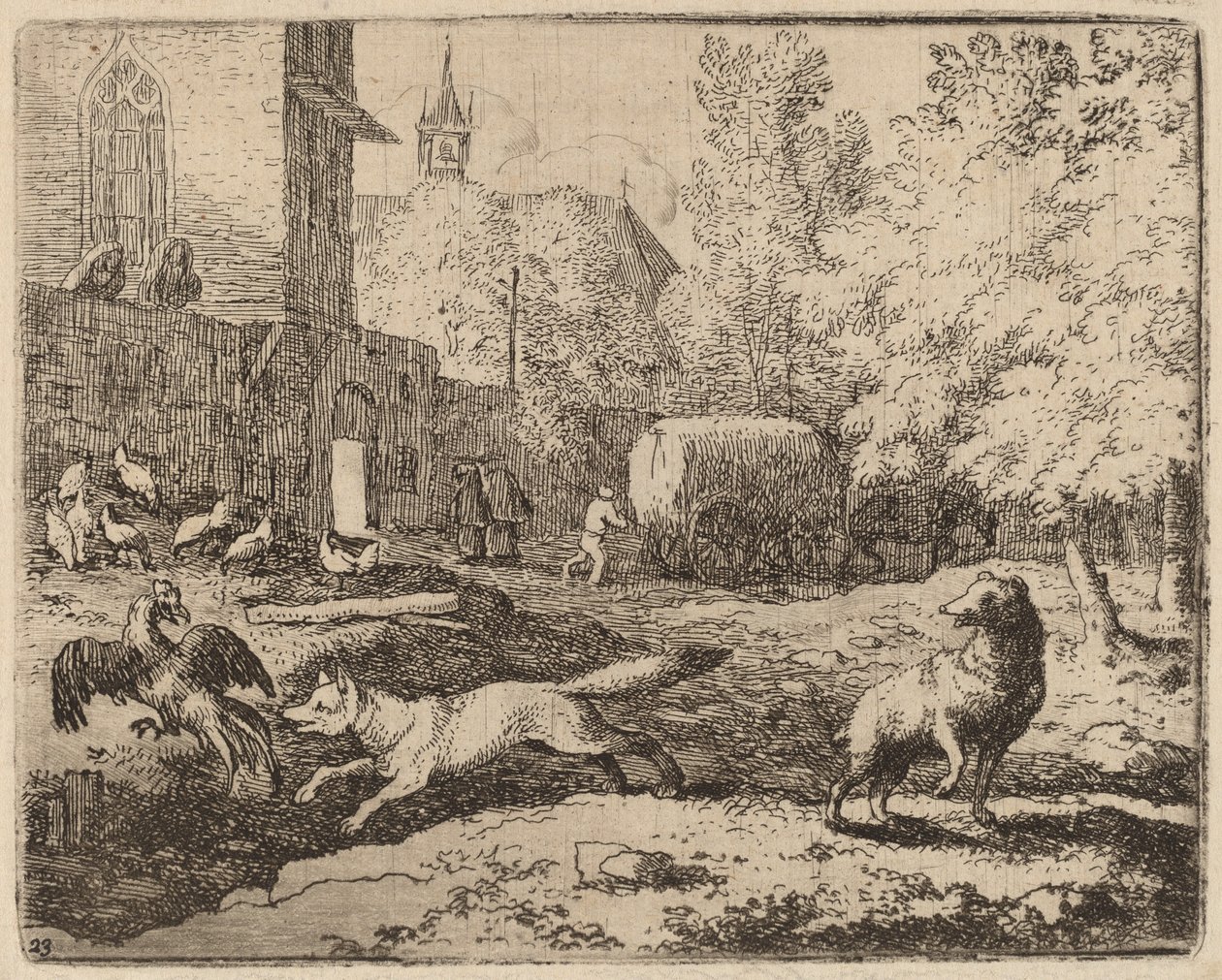 Reynard försöker stjäla en tupp, förmodligen ca. 16451656. av Allart van Everdingen