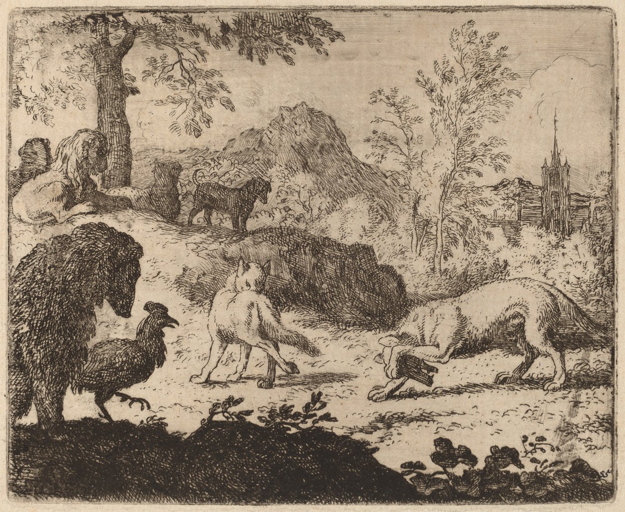 Reynard förblindar vargen i ett öga, förmodligen ca. 16451656. av Allart van Everdingen