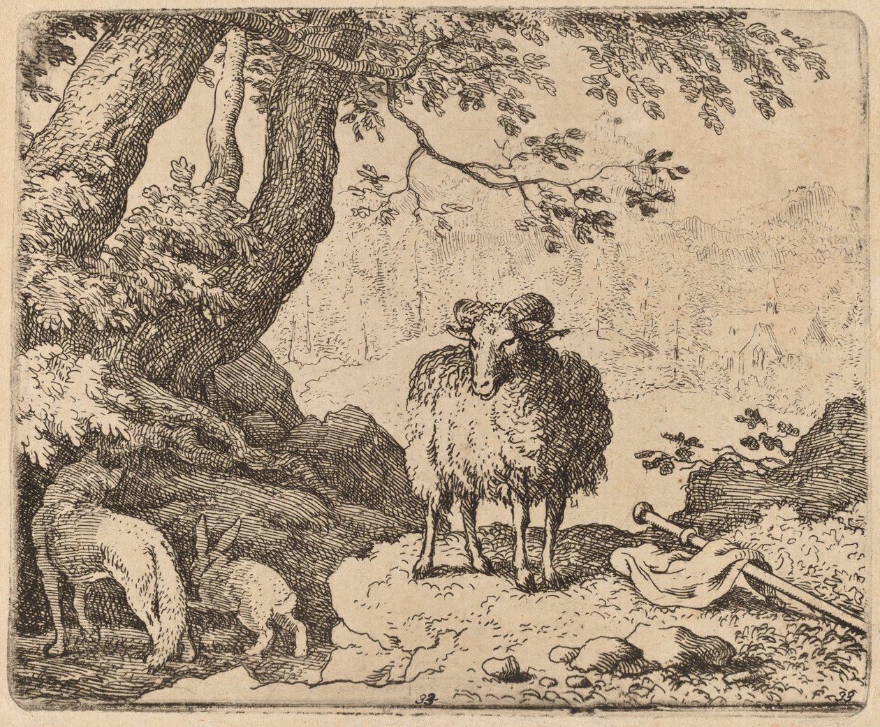 Reynard återvänder hem, åtföljd av baggen och kaninen, förmodligen ca. 16451656. av Allart van Everdingen