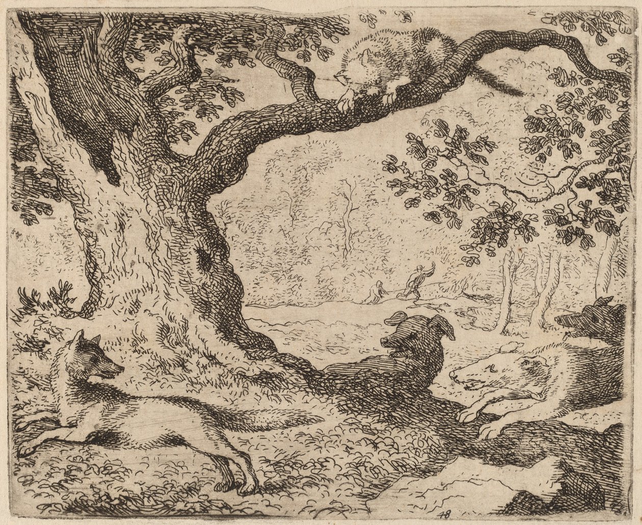 Reynards far och katten förföljd av hundar, förmodligen ca. 16451656. av Allart van Everdingen