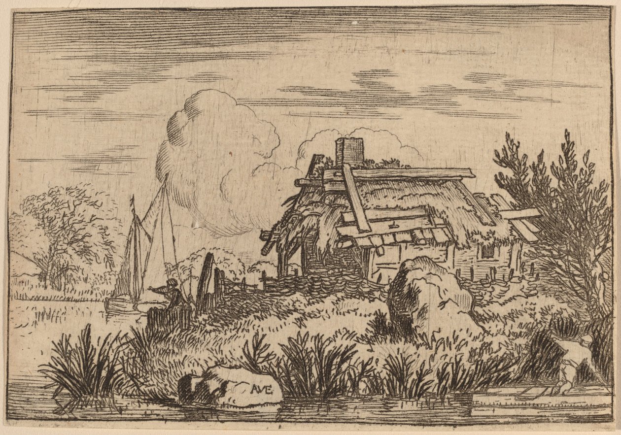 Förstörd stuga, omgiven av vatten, troligen ca. 16451656. av Allart van Everdingen