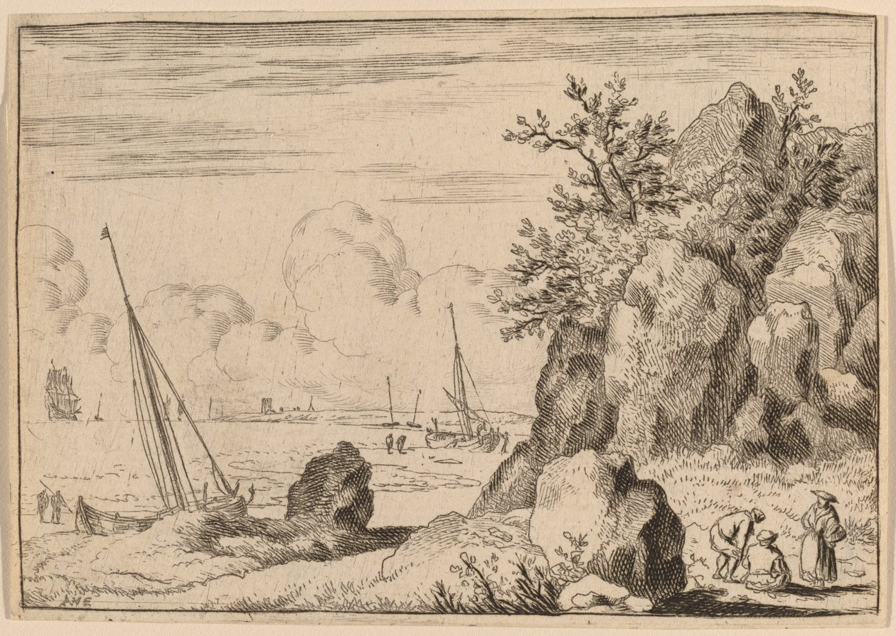 Havslandskap med tre figurer till höger, troligen ca. 16451656. av Allart van Everdingen