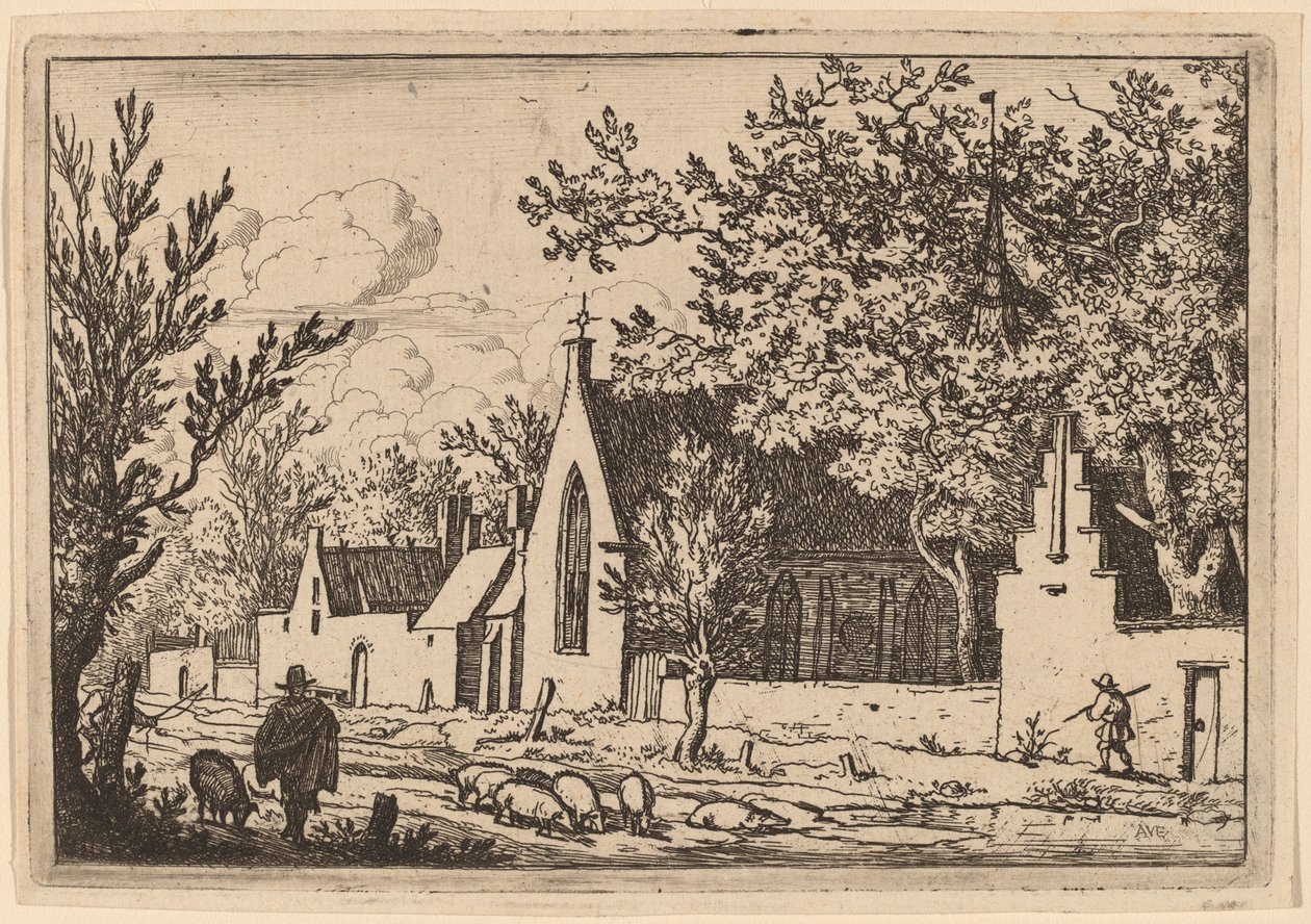 Svinhjord nära ett kapell, troligen ca. 16451656. av Allart van Everdingen