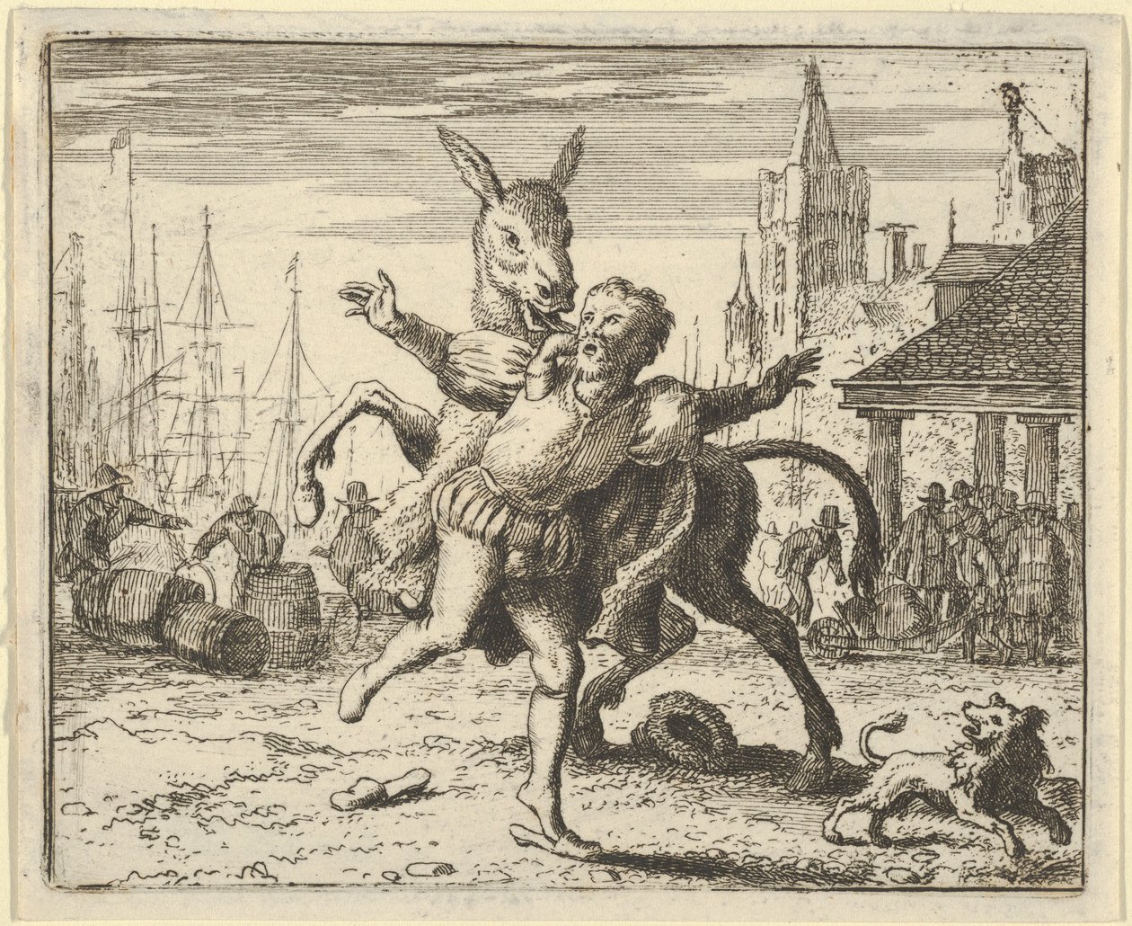 Röven, avundsjuk på uppmärksamheten hunden får från sin herre, ser ut att imitera ..., 1650-75. av Allart van Everdingen