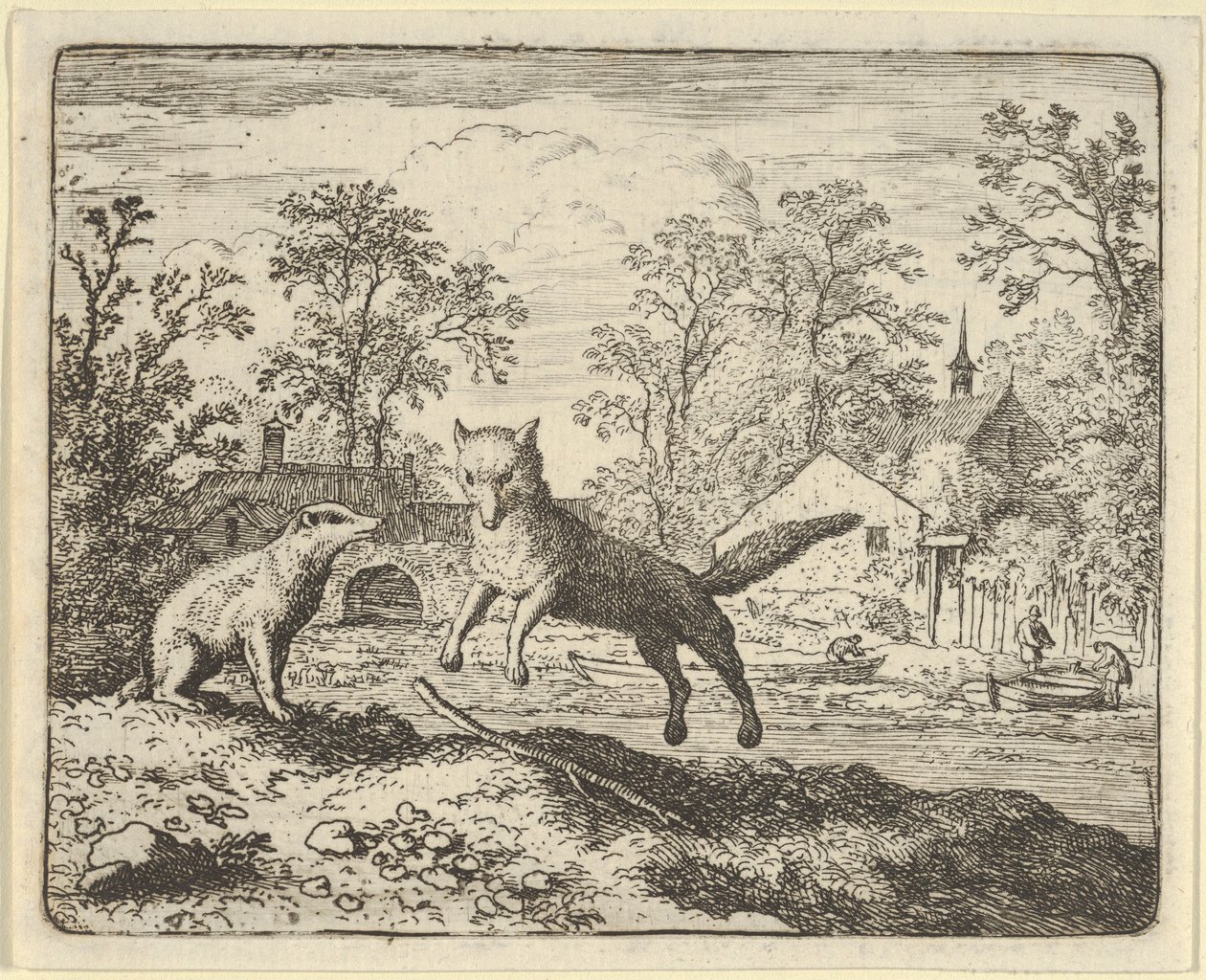 Grävlingen ålägger som straff att hoppa tre gånger över en pinne på marken, 1650-75. av Allart van Everdingen