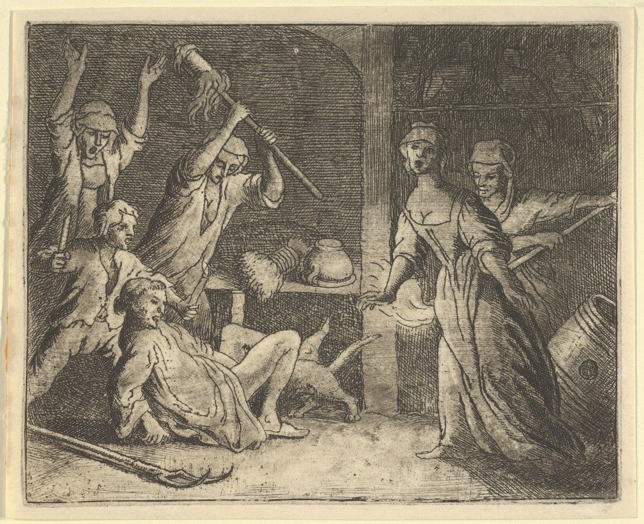Katten, fångad i en snara, misshandlas av folket från huset, 1650-75. av Allart van Everdingen