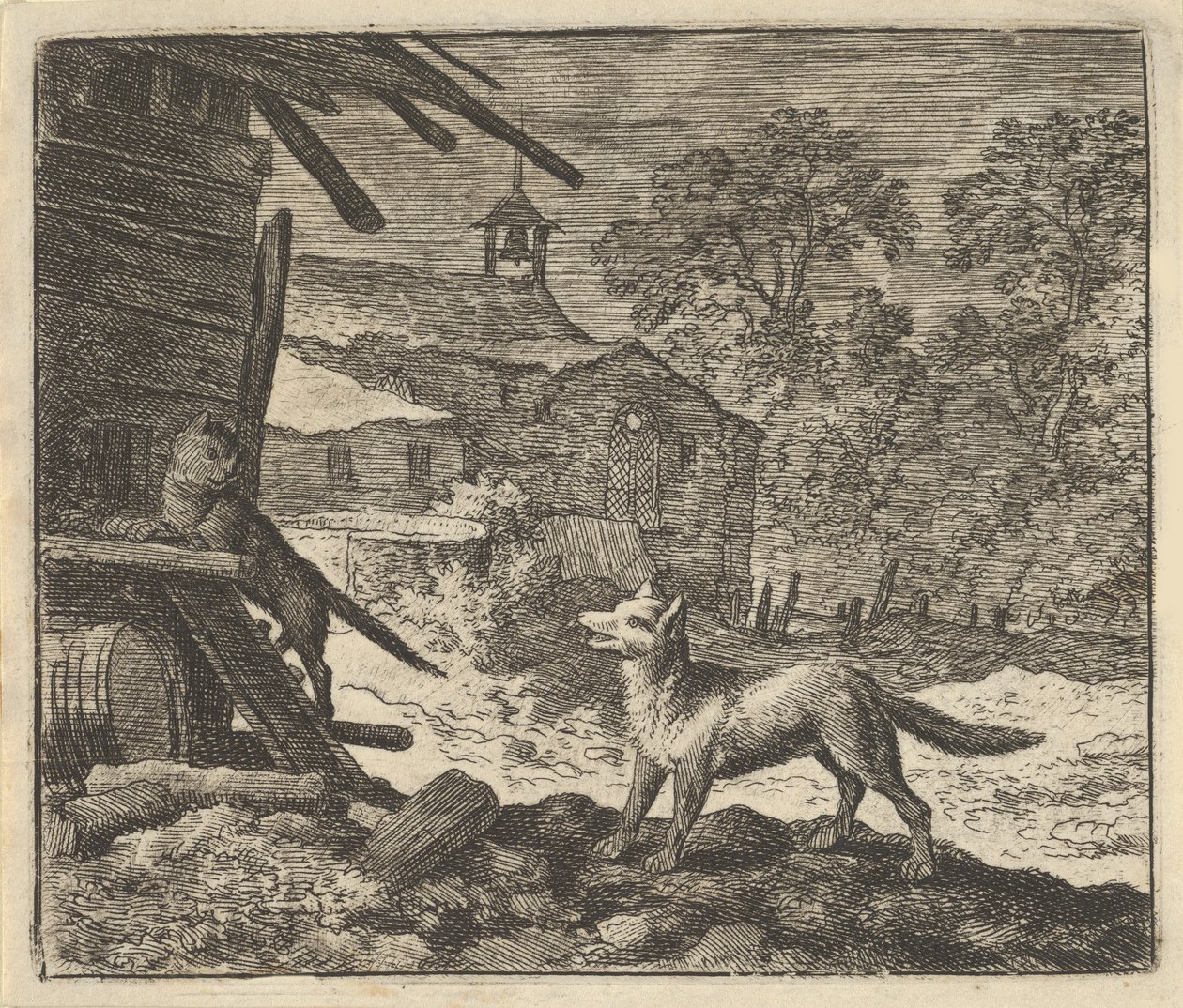 Katten klättrar i en lada, 1650-75. av Allart van Everdingen