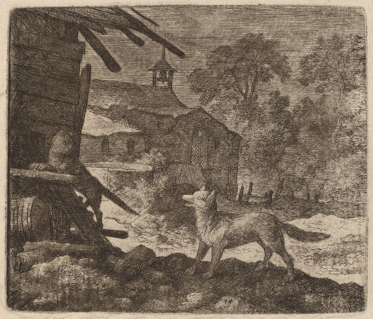 Katten går in i ladan när Reynard ser på, förmodligen ca. 16451656. av Allart van Everdingen