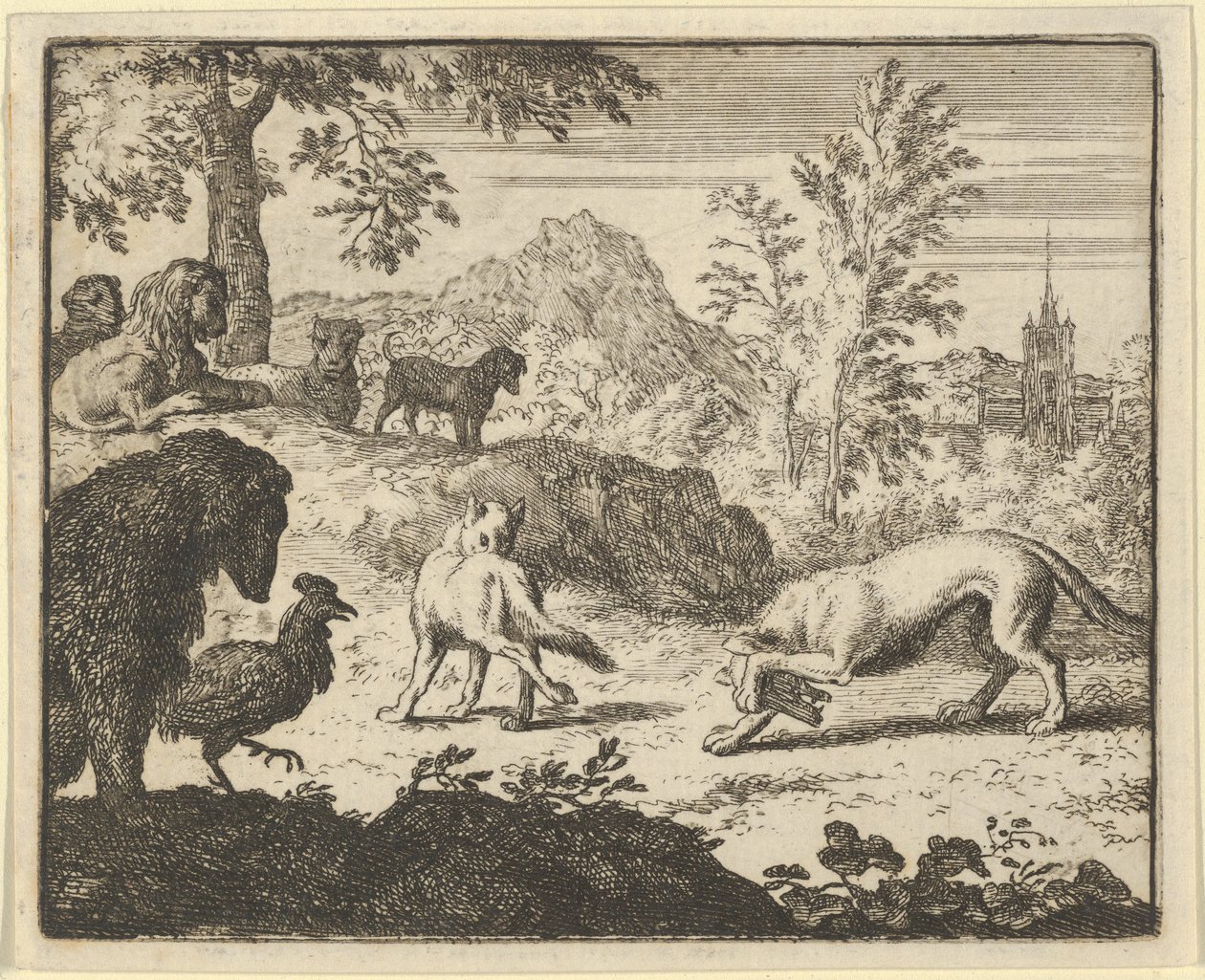 Lejonet tillåter en kamp mellan vargen och Renard, 1650-75. av Allart van Everdingen