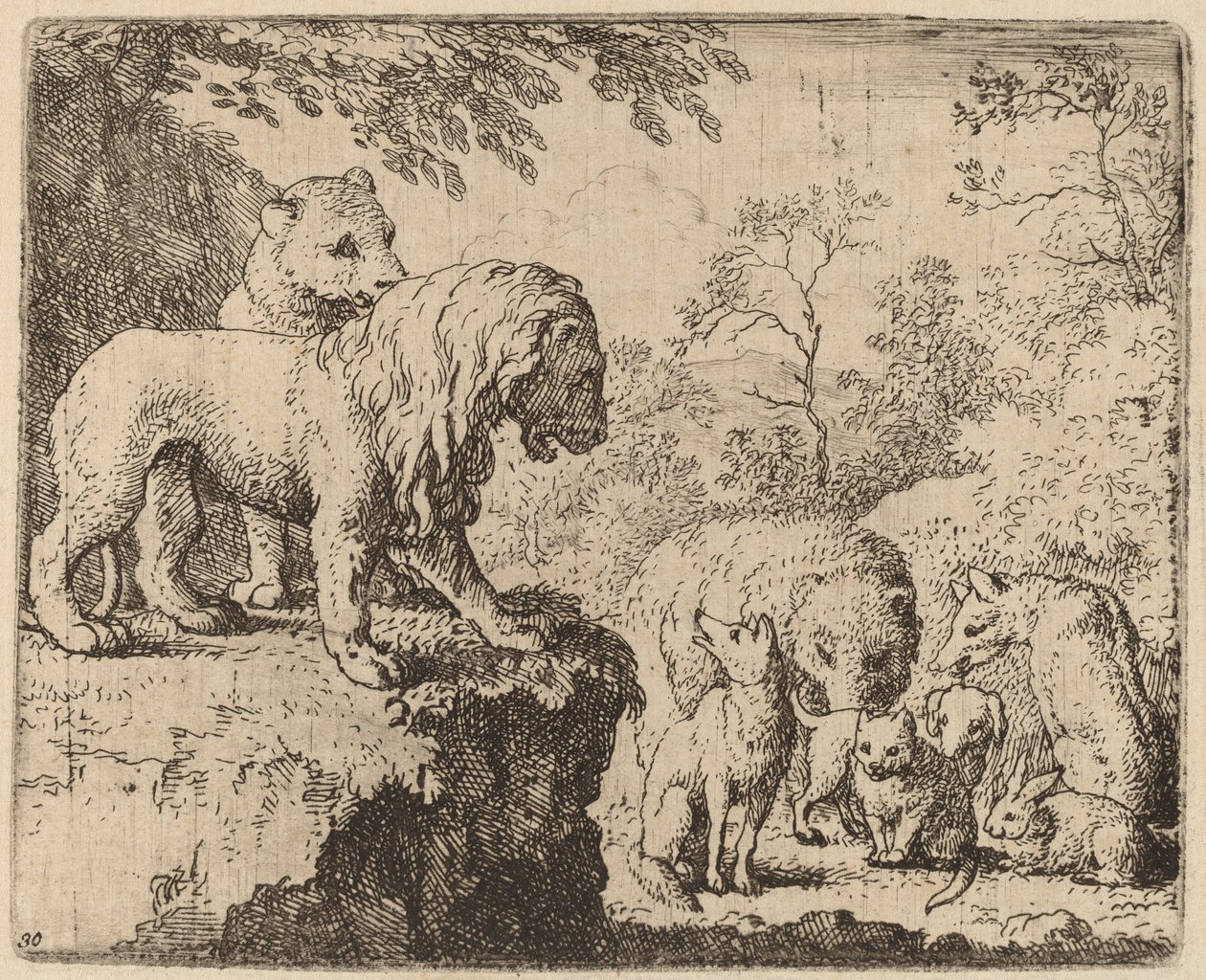 Lejonet benådar Reynard före de andra djuren, troligen ca. 16451656. av Allart van Everdingen