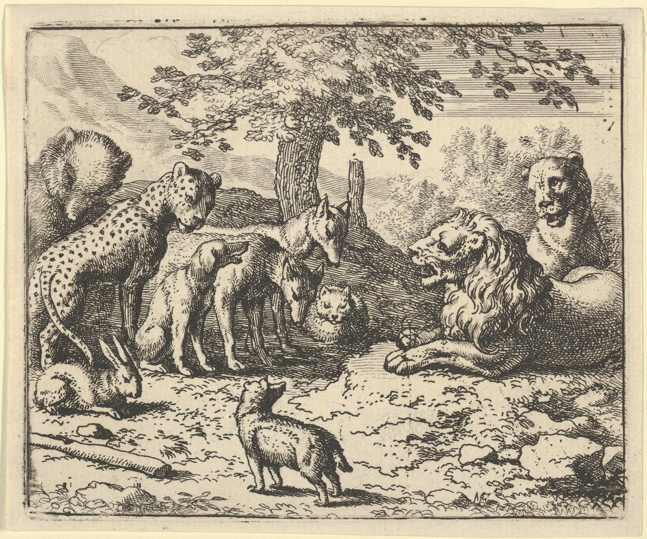 Lejonet tar de andra djurens råd för Renards straff, 1650-75. av Allart van Everdingen