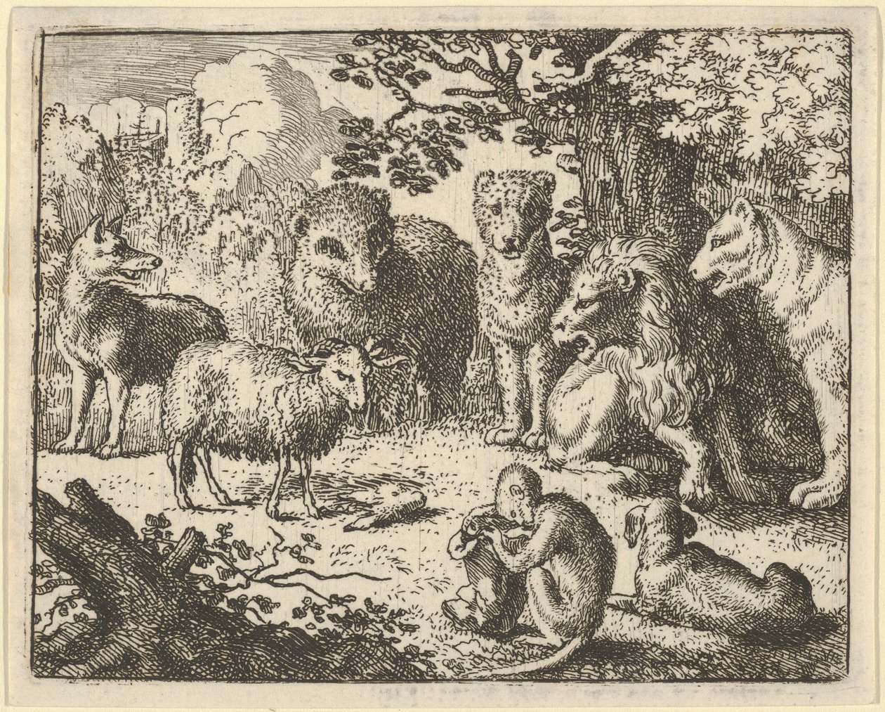 Apan öppnar paketet och tar bort kaninhuvudet till..., 1650-75s stora överraskning. av Allart van Everdingen