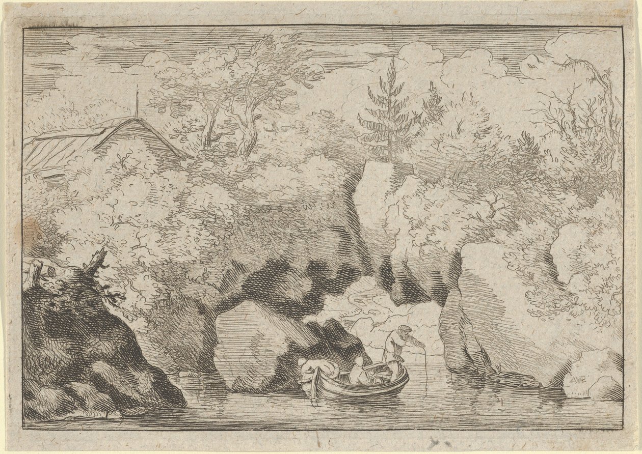 Skiffen nära den genomborrade klippan, 1600-talet. av Allart van Everdingen