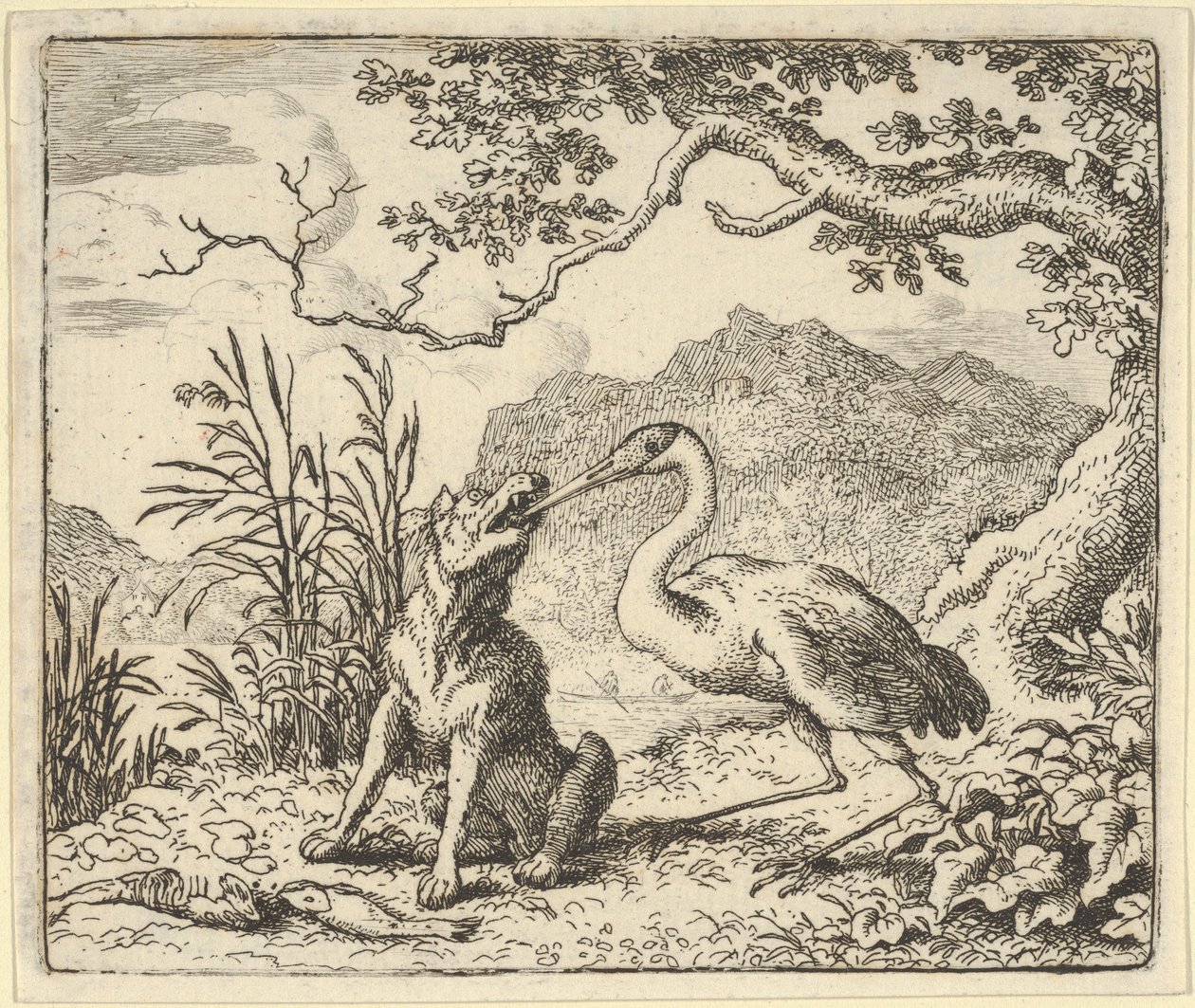 Storken tar bort ett ben från vargens hals från Hendrick van Alcmars Renard The F..., 1650-75. av Allart van Everdingen