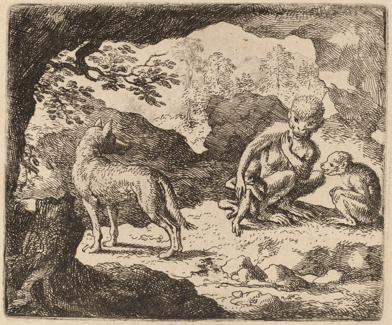 Vargen och aporna, förmodligen ca. 16451656. av Allart van Everdingen