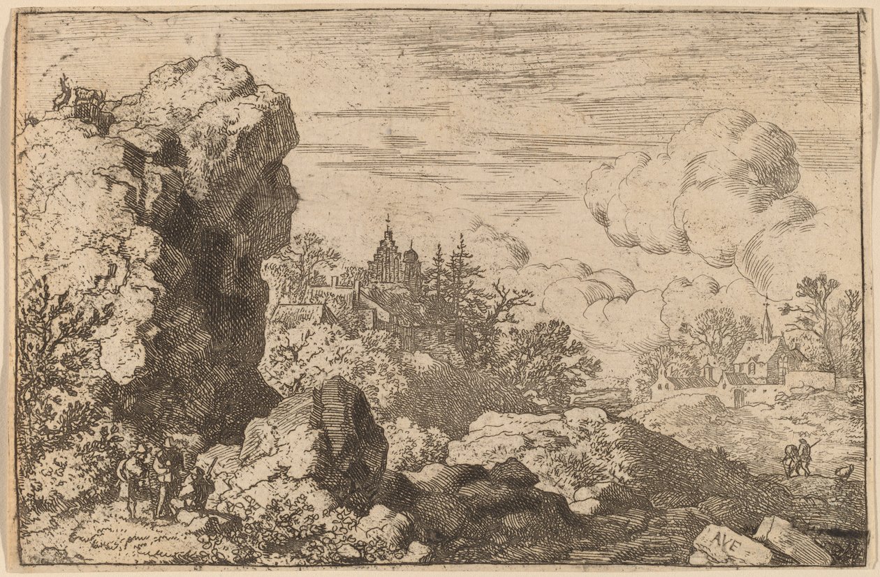 Tre resenärer vid foten av en hög klippa, förmodligen ca. 16451656. av Allart van Everdingen