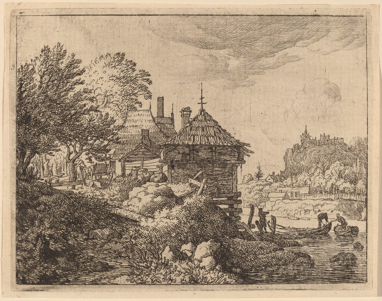 Två båtar närmar sig en hydda, förmodligen ca. 16451656. av Allart van Everdingen