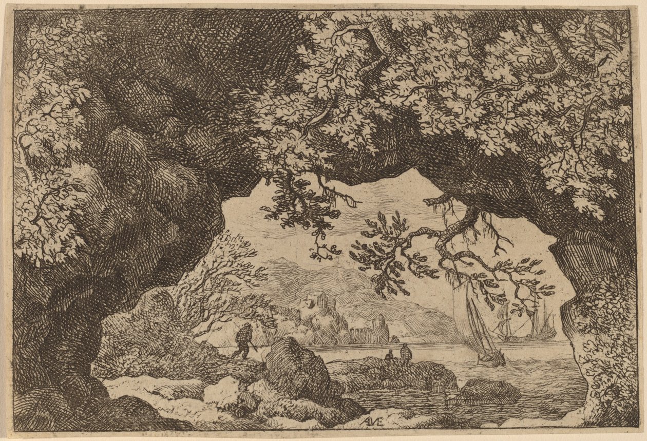 Utsikt genom en genomborrad sten, förmodligen ca. 16451656. av Allart van Everdingen