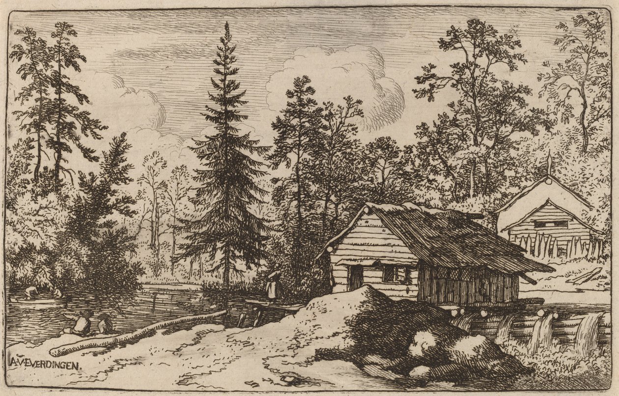 Kvinna i flodlandskap tittar mot en båt, förmodligen ca. 16451656. av Allart van Everdingen