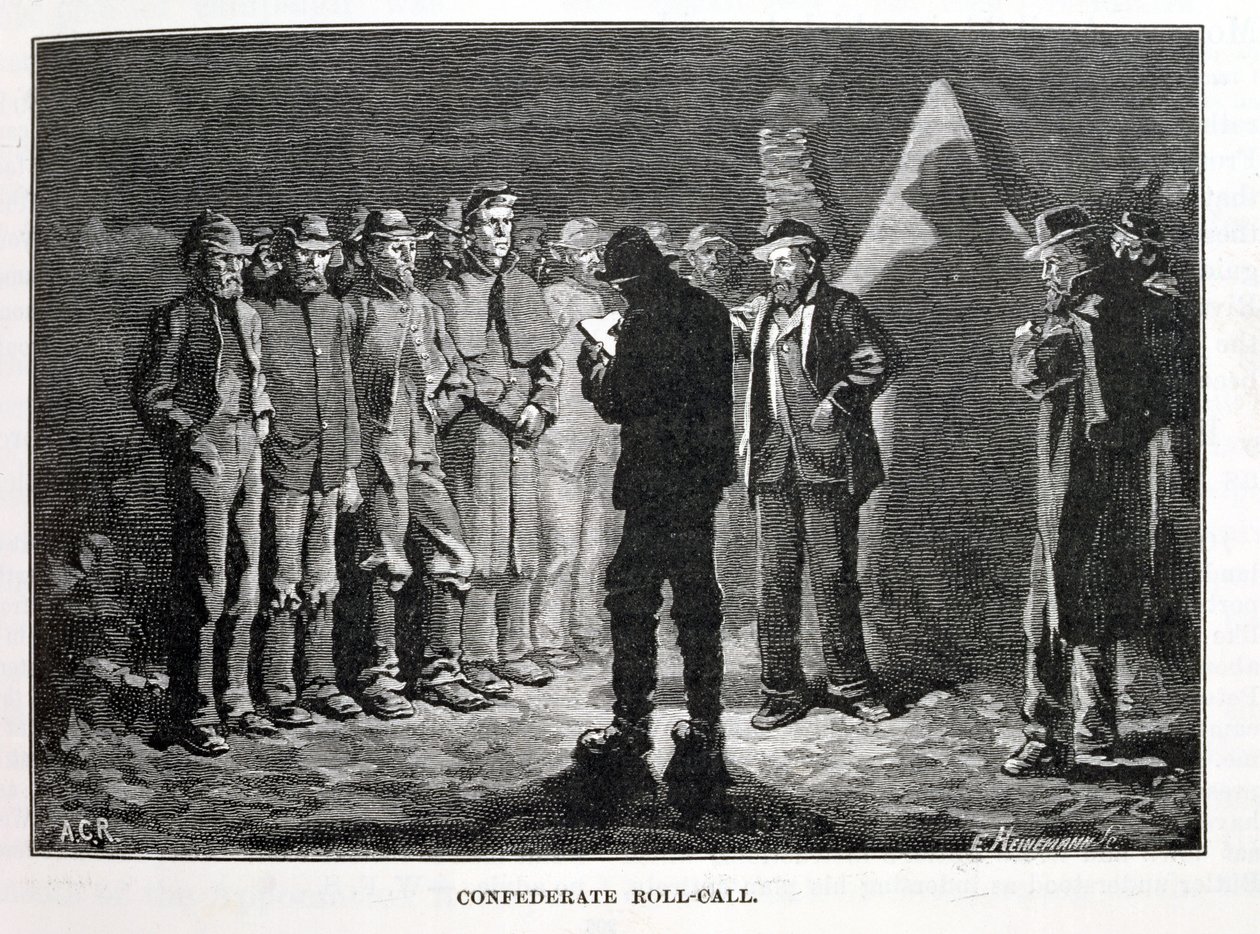 Confederate Roll-call, graverad av Ernst Heinemann (1848-1912), illustration från 