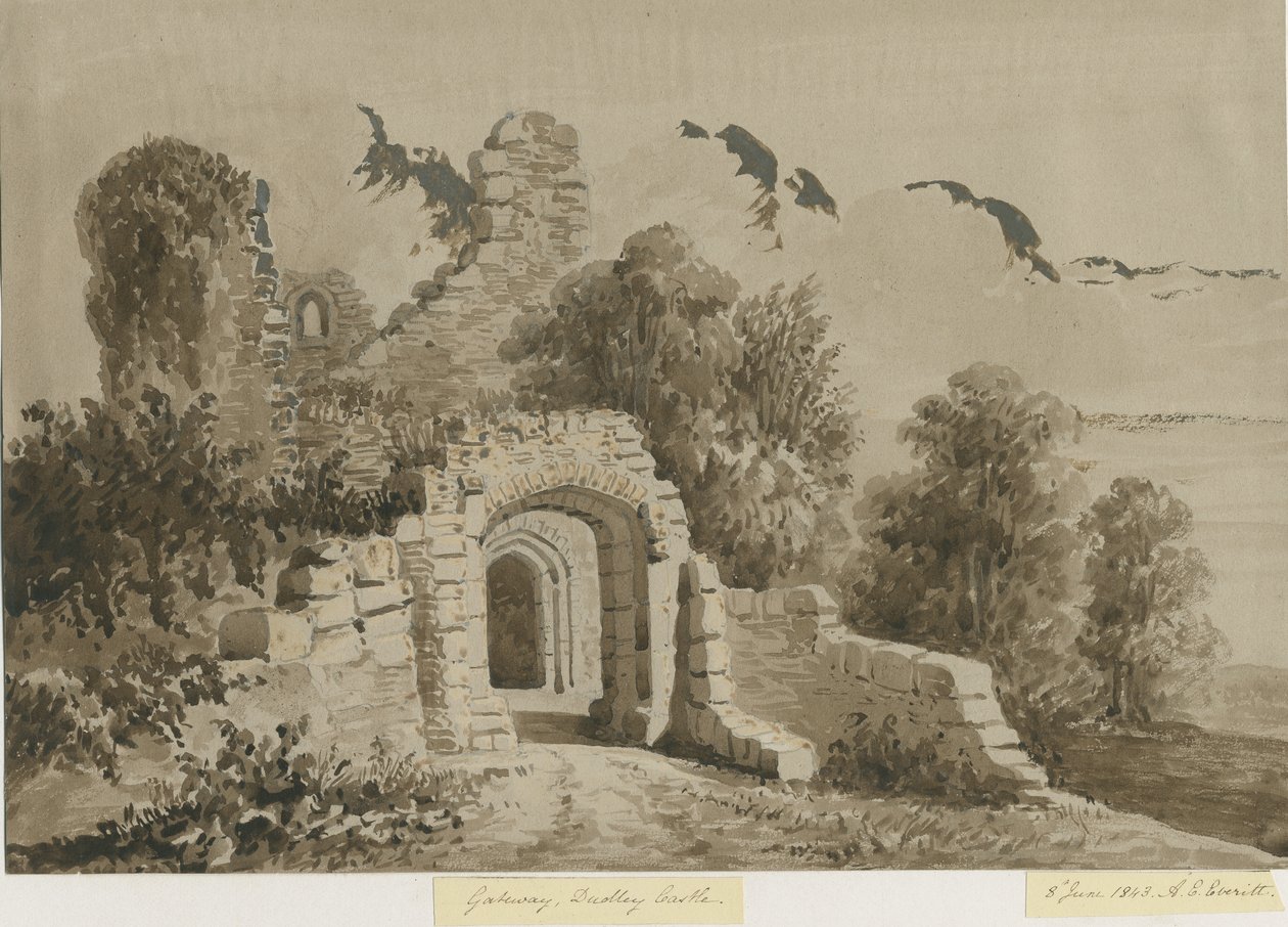 Dudley Castle - The Gateway: röd-sepia tvättteckning, 8 juni 1843 av Allen Edward Everitt