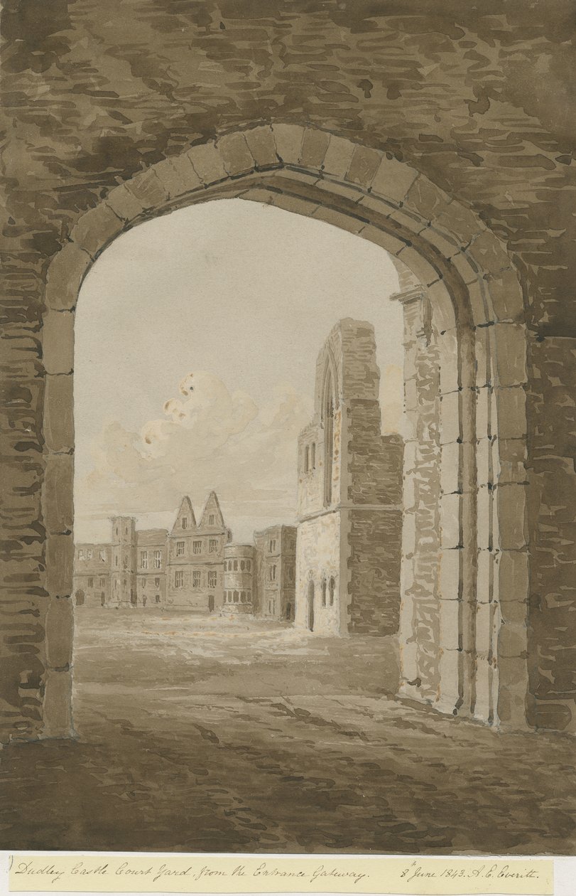 Dudley Castle - The Keep: röd sepiateckning, 8 juni 1843 av Allen Edward Everitt