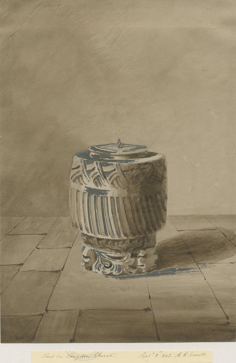 Typsnitt i Longdon Church: sepiatvättteckning, 8 september 1842 av Allen Edward Everitt