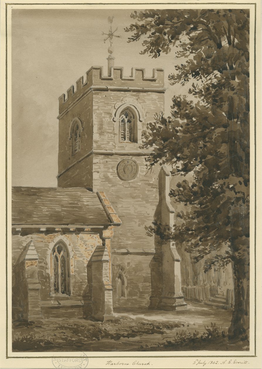 Harborne Church: röd sepiateckning, 2 juli 1842 av Allen Edward Everitt