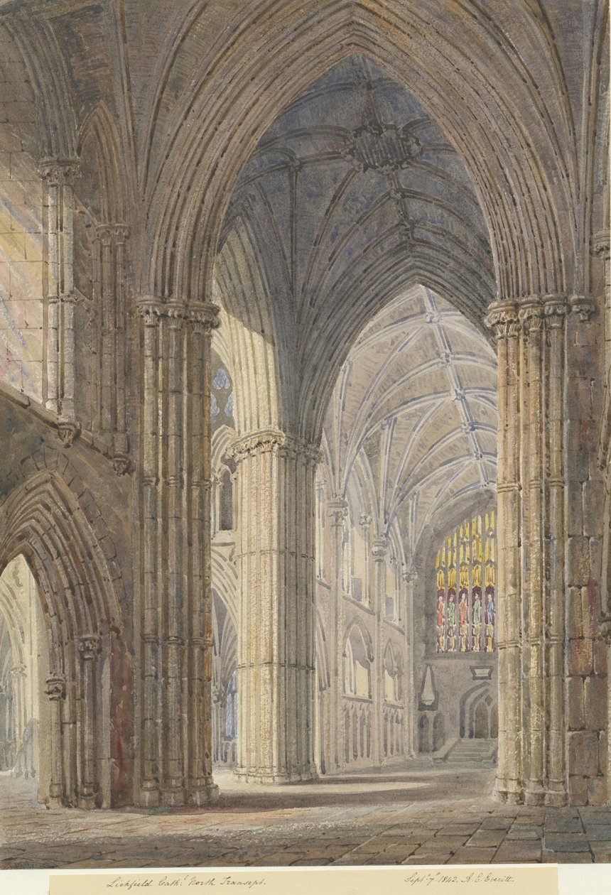 Interiör av Lichfield Cathedral - North Transept: akvarellmålning, 7 september 1842 av Allen Edward Everitt