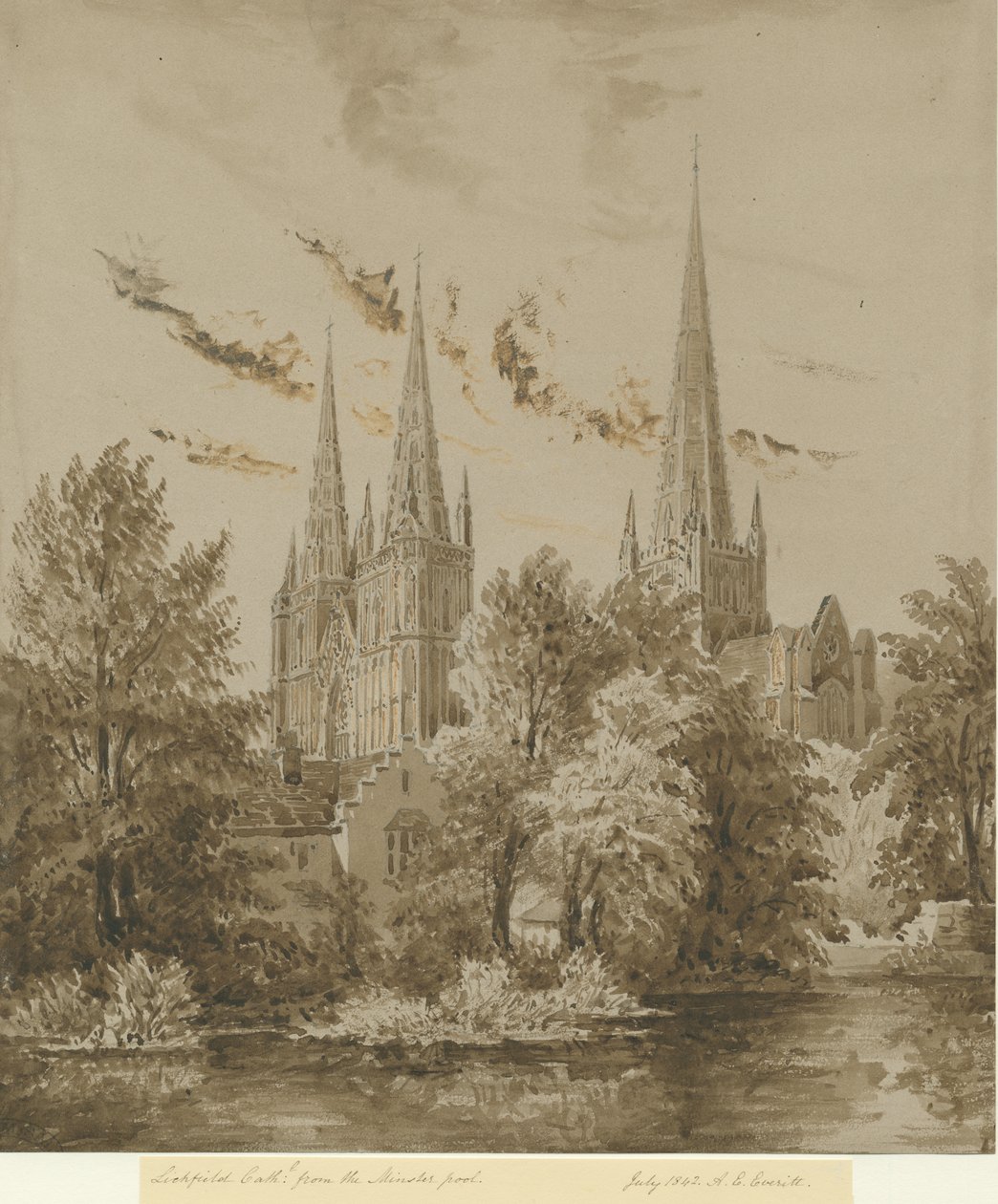 Lichfield Cathedral - South West View: sepiateckning, juli 1842 av Allen Edward Everitt