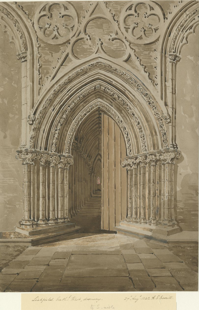 Lichfield Cathedral - West Doorway: röd/brun sepiateckning, 27 augusti 1842 av Allen Edward Everitt