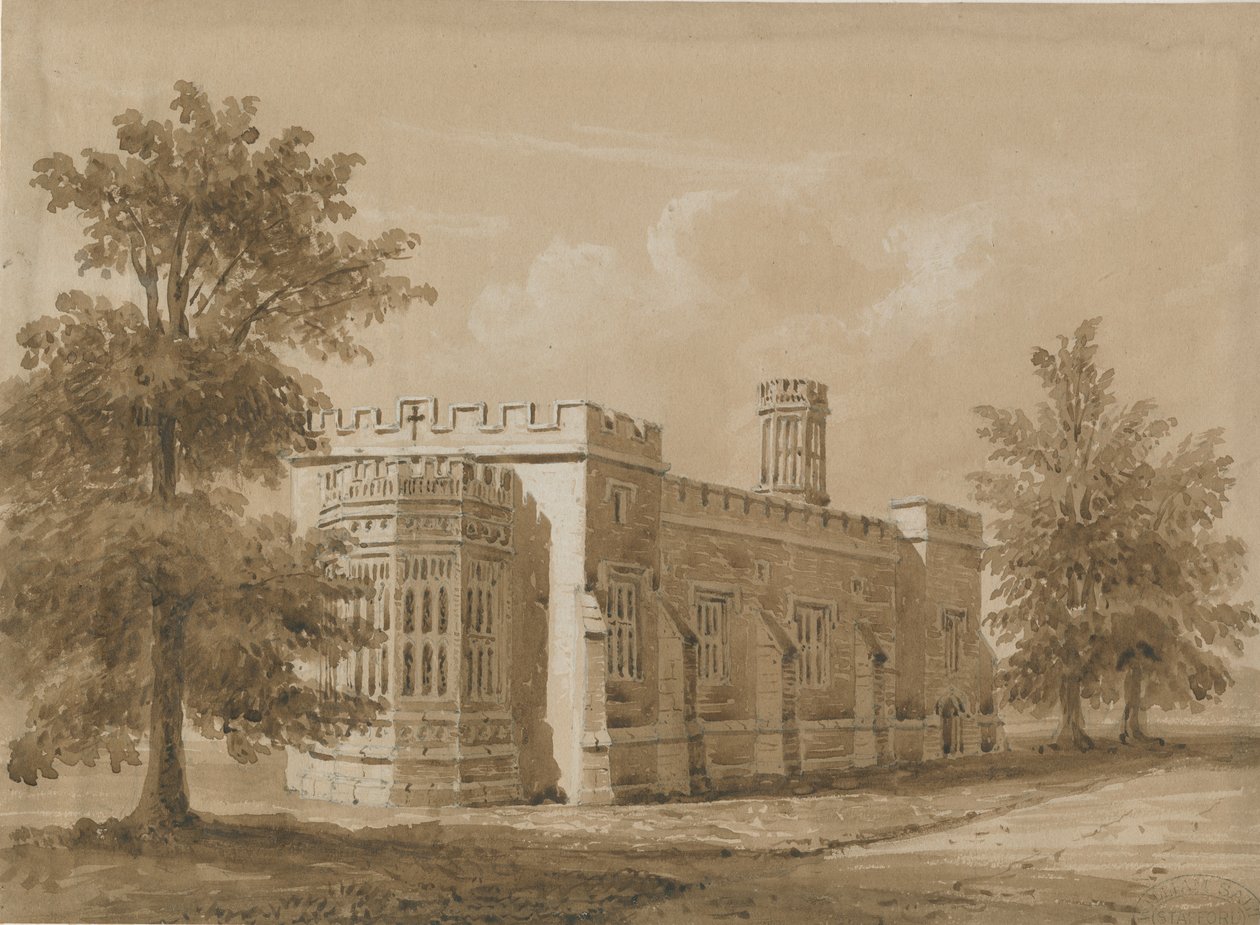 Tixall - Kapell i Tixall Hall: röd-sepia tvättteckning, nd [jul 1842] av Allen Edward Everitt
