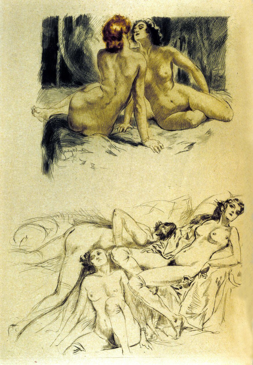 Illustration av "Fördömda kvinnor"" i "Les fleurs du mal" av den franske poeten Charles Baudelaire (1821-1867). Etsning av Almery Lobel-Riche (Lobel Riche) (1880-1950). 1900-talet av Almery Lobel Riche