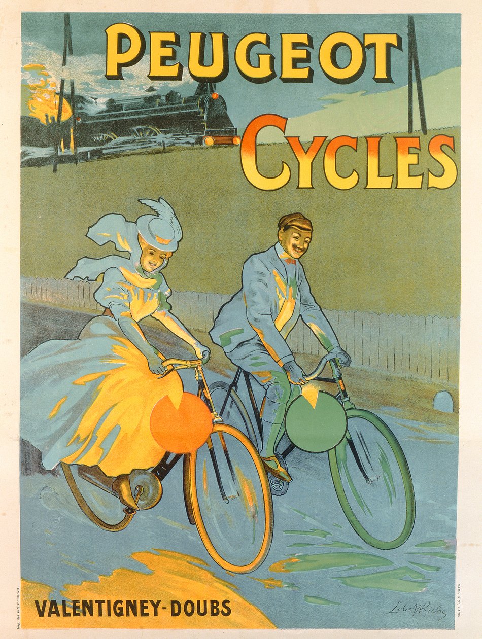 Affisch reklam för Peugeot-cyklar (litho i färg) av Almery Lobel Riche