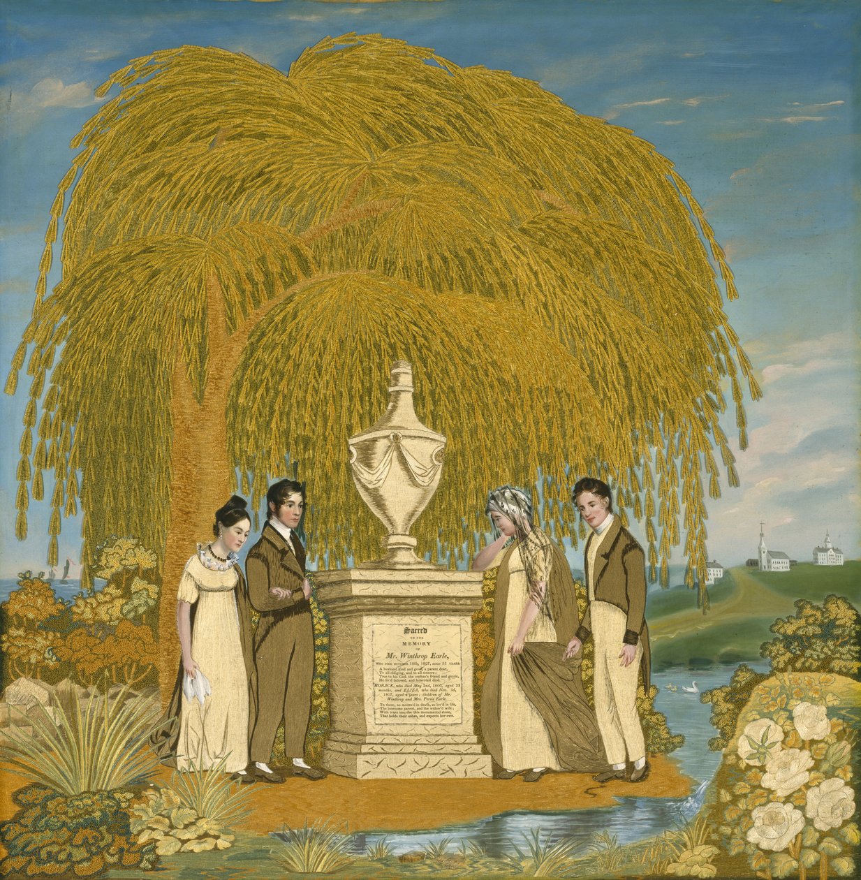 Broderad minnesbild, ca 1815-1820 (silkestaft, silke- och silkescheniljetrådar samt akvareller) av Almira attr.to Earle